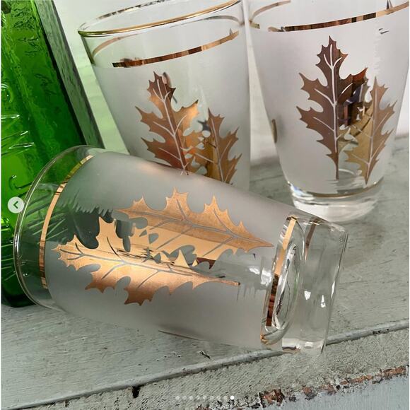 Vintage Drinking Glass Highball Frosted Gold MCM Barware Leaf Libbey Set 4 - Picture 10 of 10